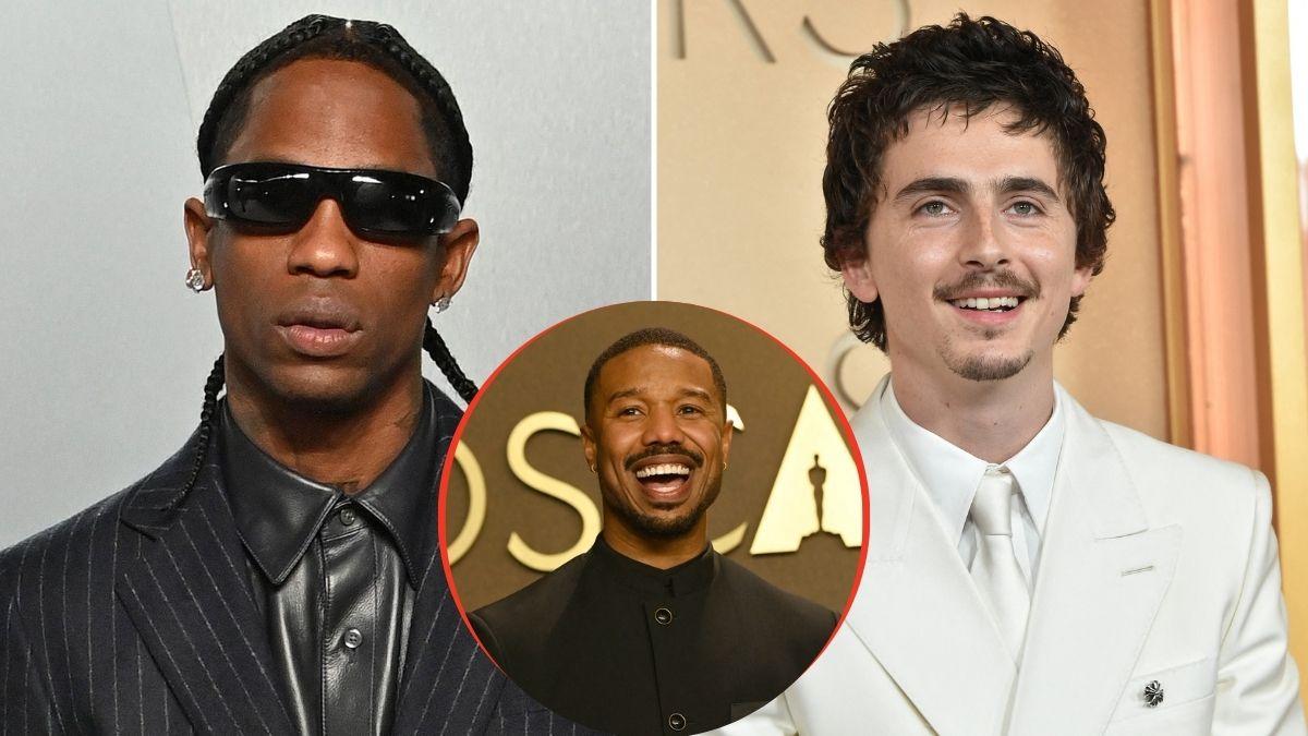 split image of Travis Scott / Michael B. Jordan / Timothée Chalamet