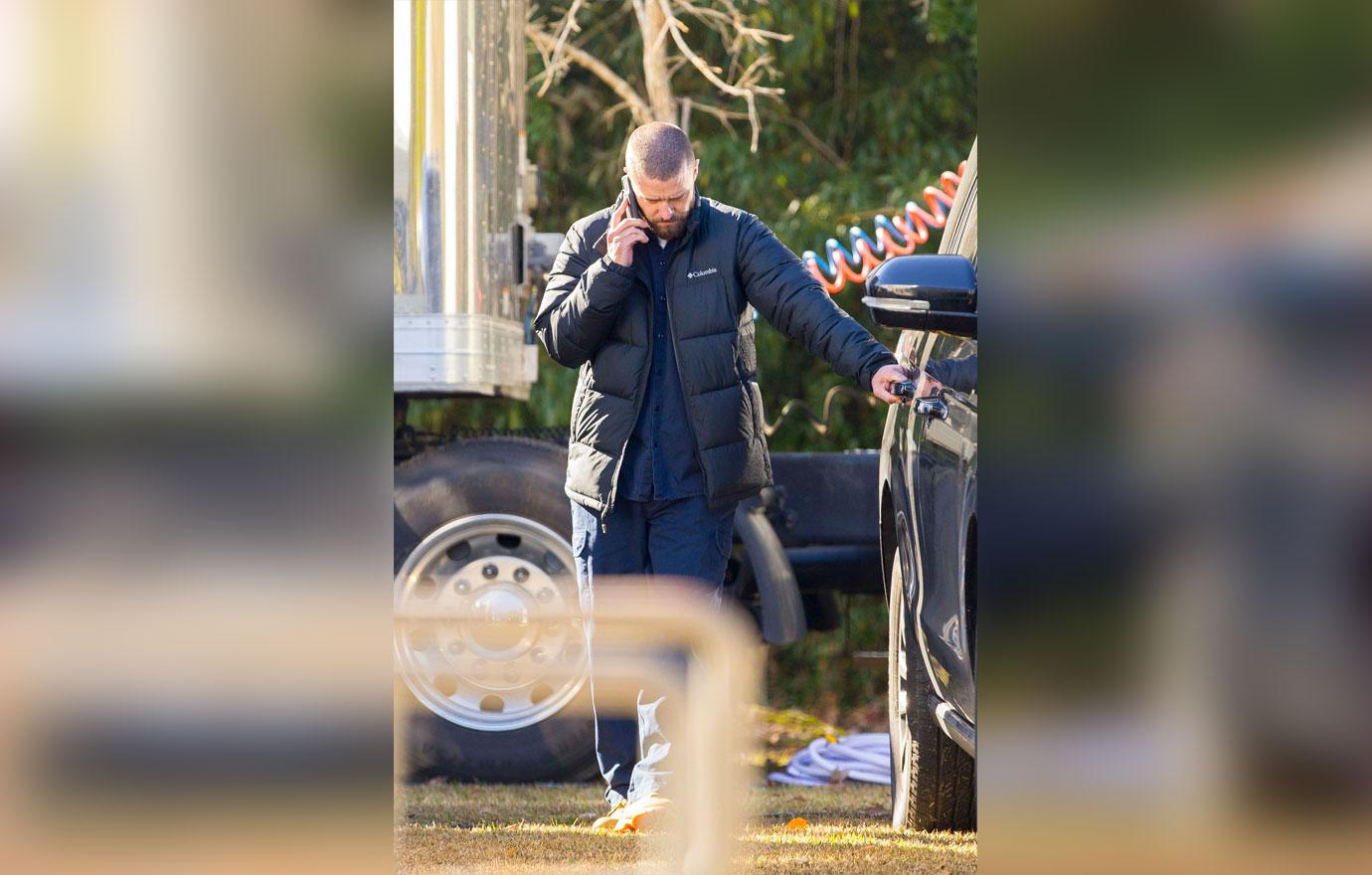 Justin Timberlake Looks WorriedOn Set While Filming After PDA With Costar