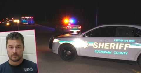 Main, police on the scene following Bachelor star Chris Soules’s alleged hit and run accident in Iowa on April 24. Inset, Chris Soules has been arrested and charged with leaving a scene of a fatal accident.