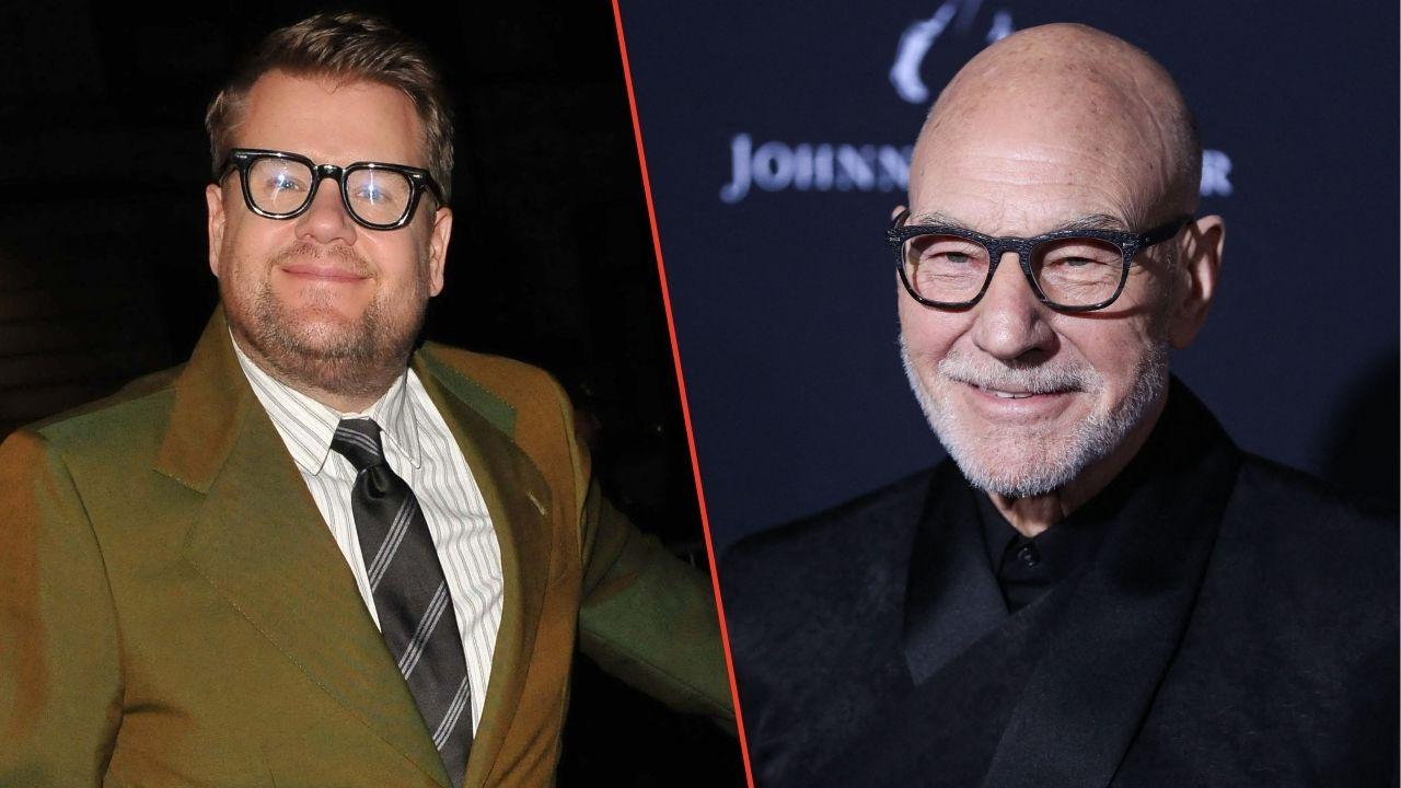 Split photo of James Corden and Patrick Stewart