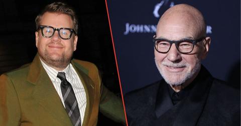 Split photo of James Corden and Patrick Stewart