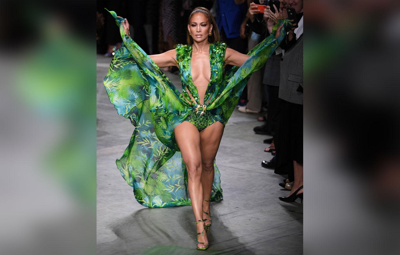 Jennifer Lopez Walks Versace Show in Grammys Lookalike Dress