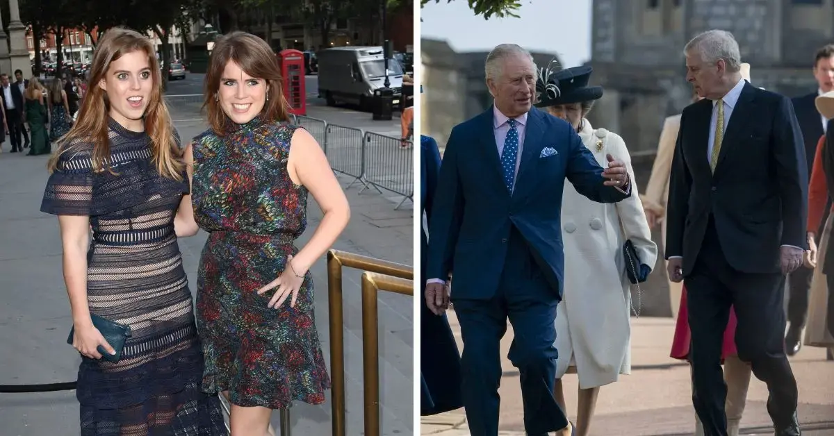 Split photos of King Charles, Andrew Mountbatten Windsor, Princess Beatrice and Eugenie