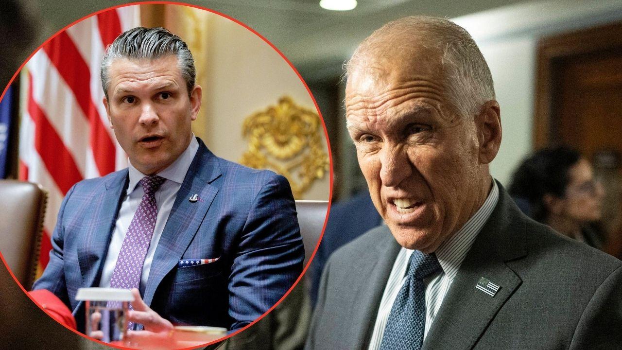 Split image of Thom Tillis and Pete Hegseth.