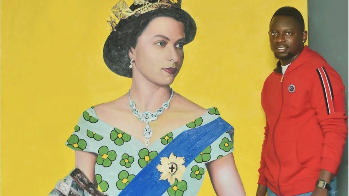 Photo of Oluwole Omofemi and his Queen Elizabeth portrait