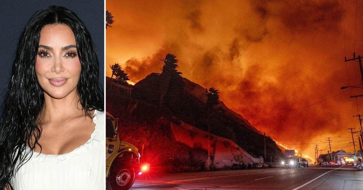 Split photo of Kim Kardashian, L.A. wildfires