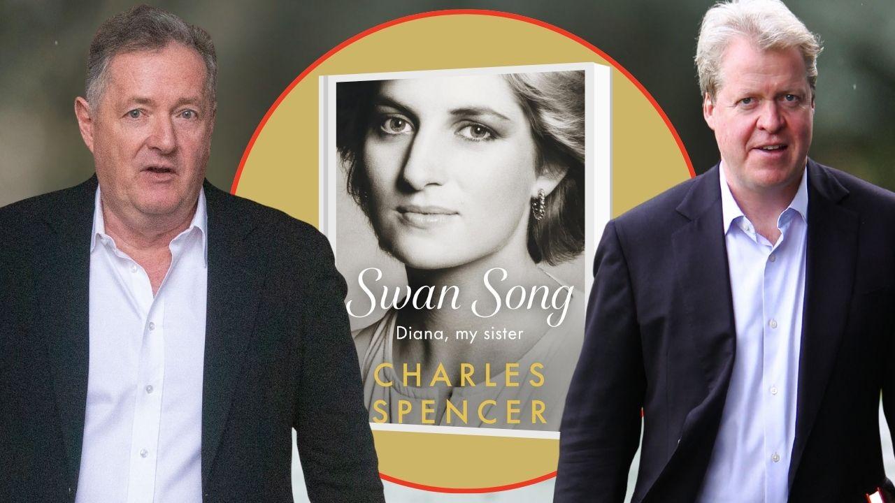 Split photo of Charles Spencer, Piers Morgan and 'Swan Song: Diana, My Sister '