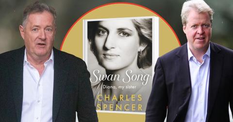 Split photo of Charles Spencer, Piers Morgan and 'Swan Song: Diana, My Sister '