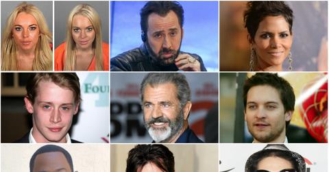 A collage of celebrities crushed by fame including Lindsay Lohan, Nicolas Cage, Halle Berry, Macaulay Culkin, Mel Gibson, Tobey Maguire, Martin Lawrence, Chalie Sheen, and Corey Feldman