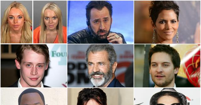 A collage of celebrities crushed by fame including Lindsay Lohan, Nicolas Cage, Halle Berry, Macaulay Culkin, Mel Gibson, Tobey Maguire, Martin Lawrence, Chalie Sheen, and Corey Feldman