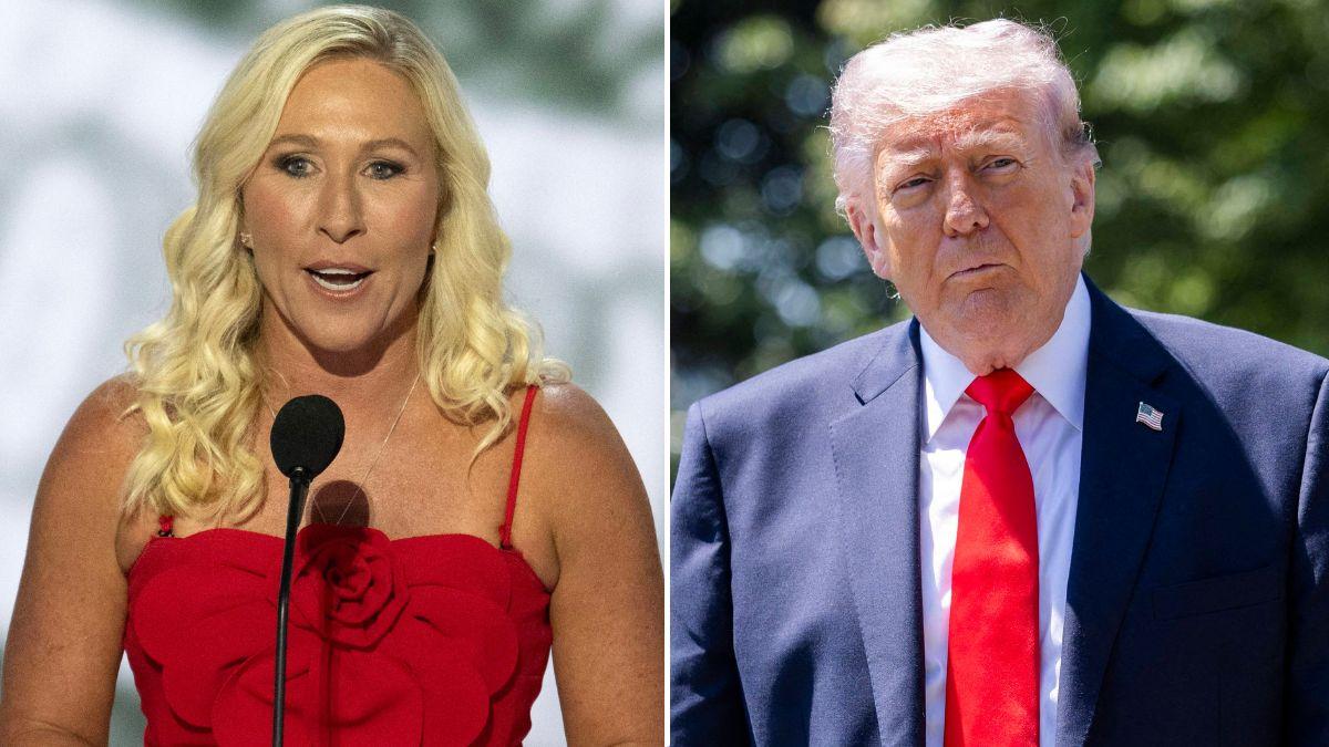 split image of Marjorie Taylor Greene and Donald Trump