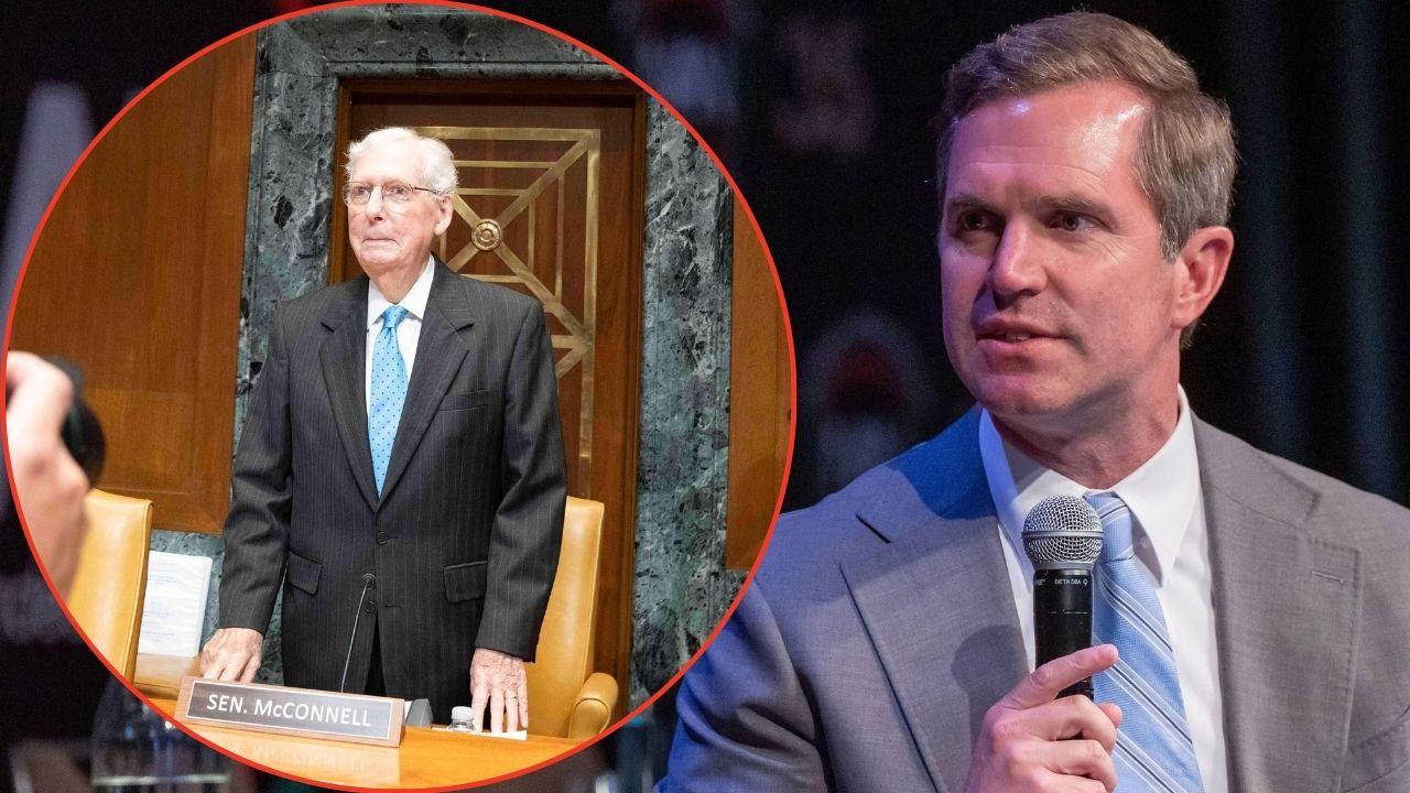 Split image of Andy Beshear and Mitch McConnell
