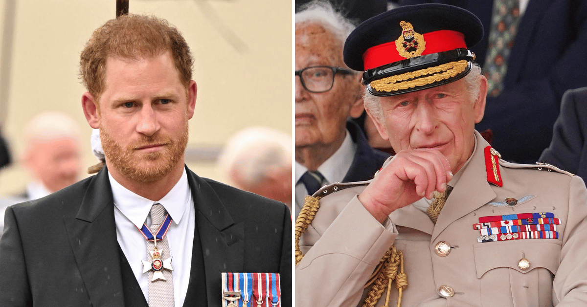 Split photo of Prince Harry and King Charles III