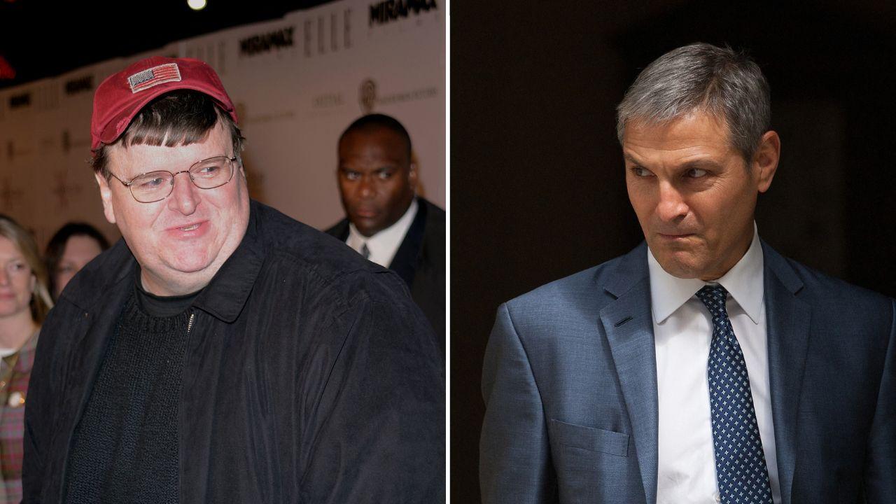 A photo of Michael Moore alongside a photo of Ari Emanuel