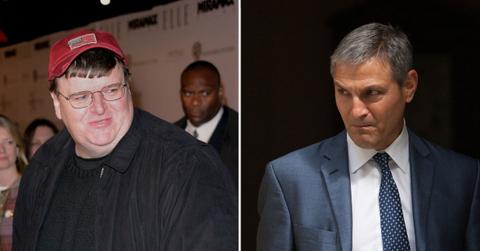 A photo of Michael Moore alongside a photo of Ari Emanuel