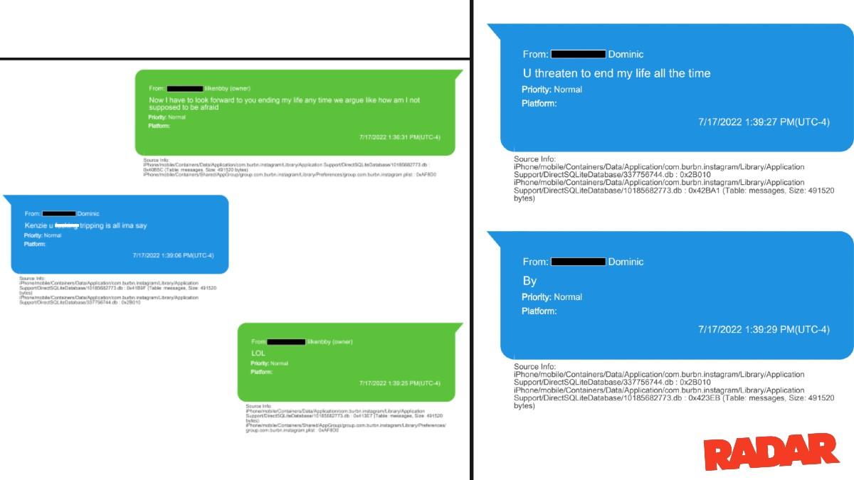 Mackenzie Shirilla and Dominic Russo sent each other accusatory text messages.