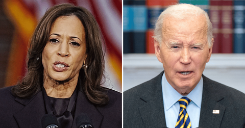 Split photo of Kamala Harris, Joe Biden
