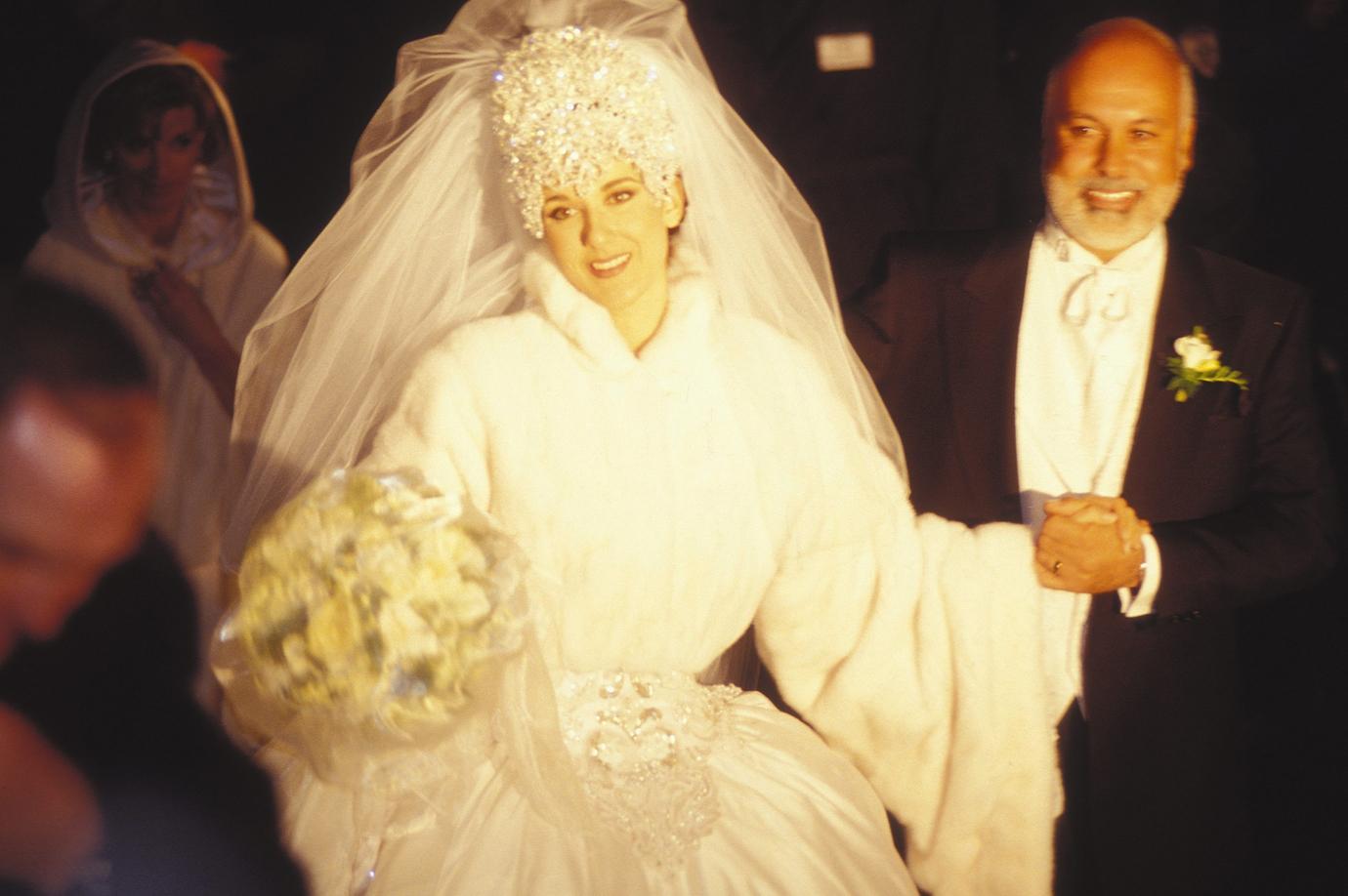 Celine Dion wearing her wedding dress at her wedding.