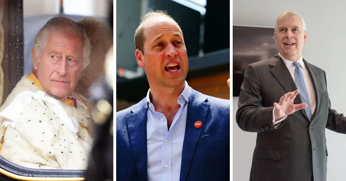 Split photo of King Charles, Prince William, Prince Andrew
