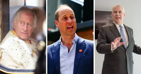 Split photo of King Charles, Prince William, Prince Andrew