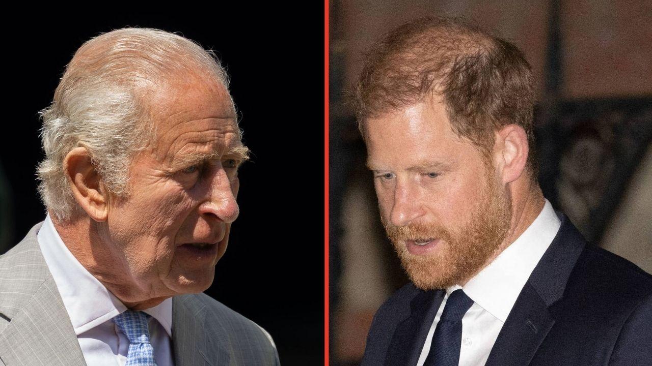 Split photo of King Charles and Prince Harry