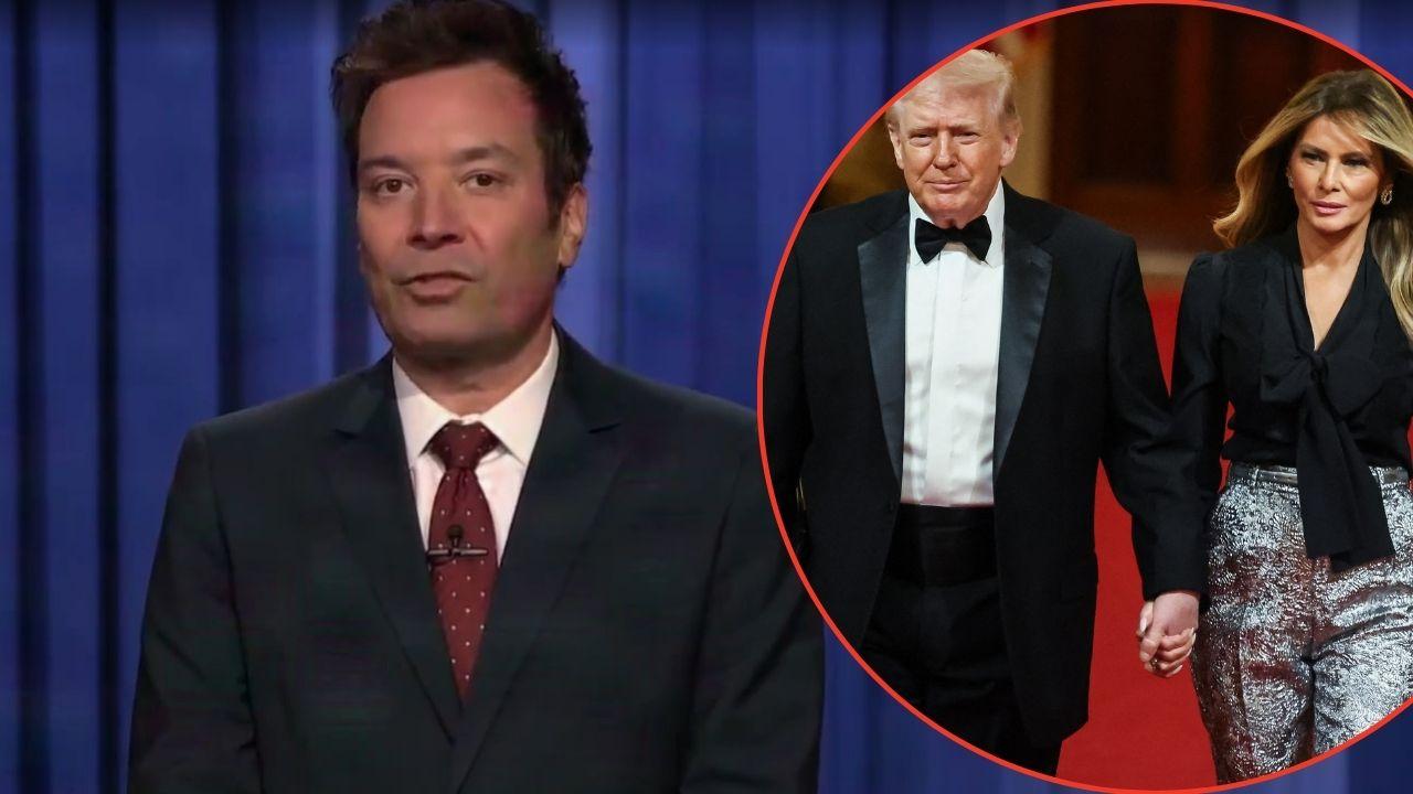 A photo of Jimmy Fallon alongside a photo of Donald Trump and Melania Trump