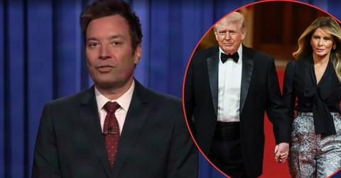 A photo of Jimmy Fallon alongside a photo of Donald Trump and Melania Trump