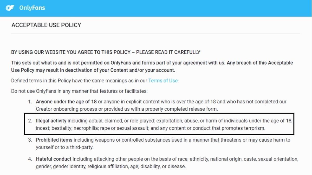 Screenshot OnlyFans' Acceptable Use Policy