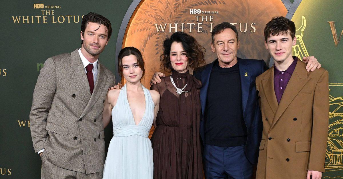 Nivola, here with his 'White Lotus' onscreen family, featured in an incest scene with Patrick Schwarzenegger, far left.