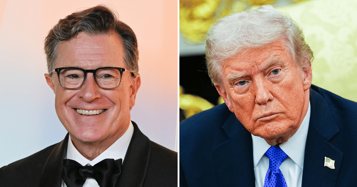 Split photo of Stephen Colbert, Donald Trump