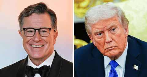 Split photo of Stephen Colbert, Donald Trump