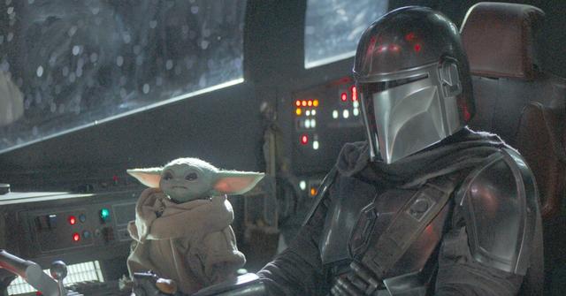 The Mandalorian (Pedro Pascal) wore the classic bounty hunter uniform as he flew his ship, while Baby Yoda caused mischief.