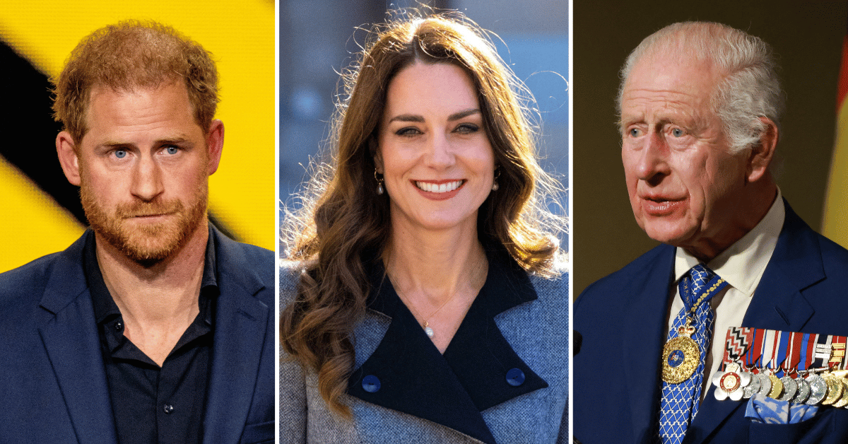 Composite photo of Prince Harry, Kate Middleton, King Charles III