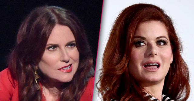 Closeup Megan Mullally in Red Dress Looking Angry Split With Debra Messing in Striped Top Looking Upset