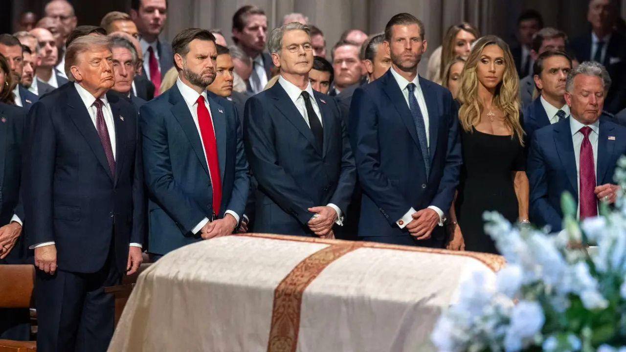 A photo of Donald Trump, JD Vance, Scott Bessent, Eric Trump, Lara Trump, and Steven Witkoff at Lindsey Graham's funeral