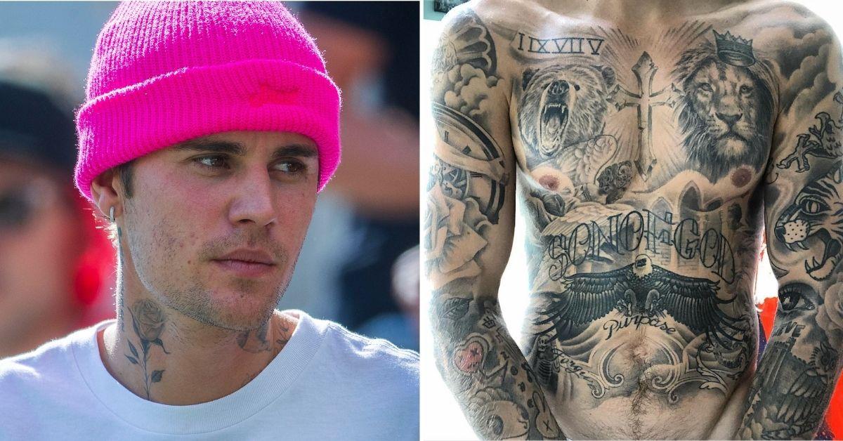 Split photo of Justin Bieber, Tattoos