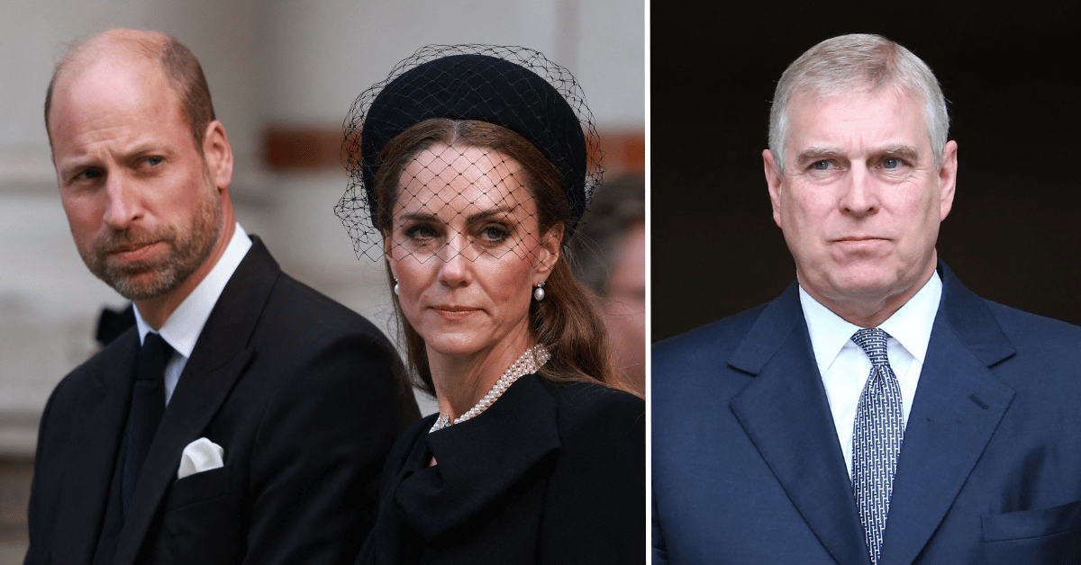 Split photo of Prince William and Kate Middleton, Prince Andrew