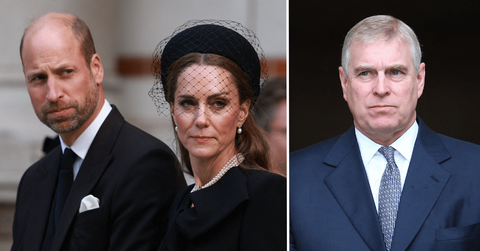 Split photo of Prince William and Kate Middleton, Prince Andrew