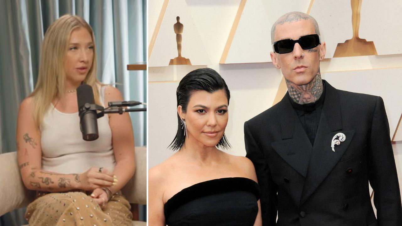 split image of Leah Barrs; Kourtney Kardashian and Travis Barker