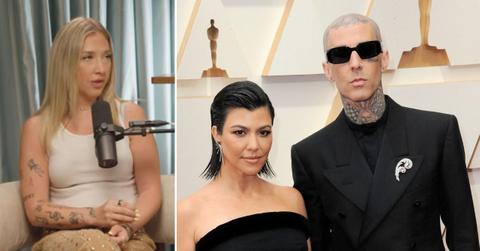 split image of Leah Barrs; Kourtney Kardashian and Travis Barker