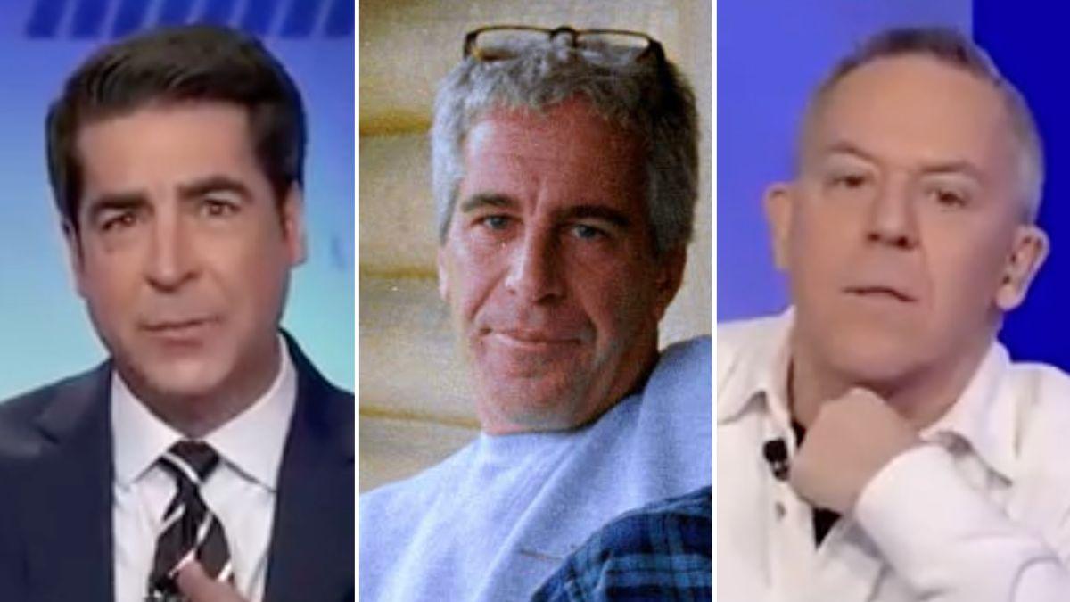split images of Jesse Watters / Jeffrey Epstein / Greg Gutfeld