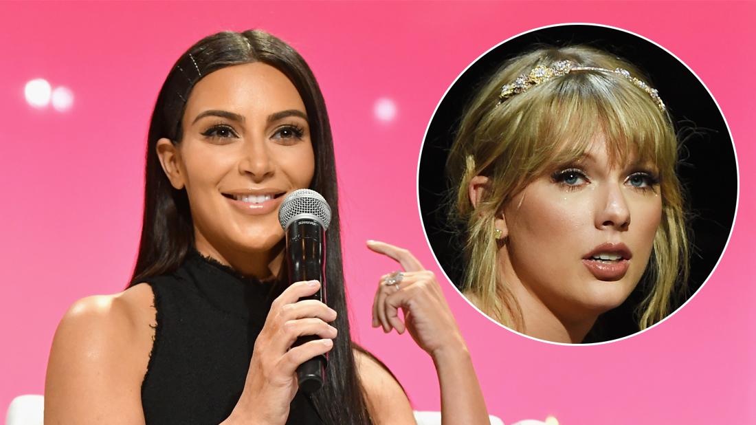 Kim Kardashian wears a black dress. Inset, Taylor swift at the time gala 2019.