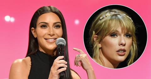 Kim Kardashian wears a black dress. Inset, Taylor swift at the time gala 2019.