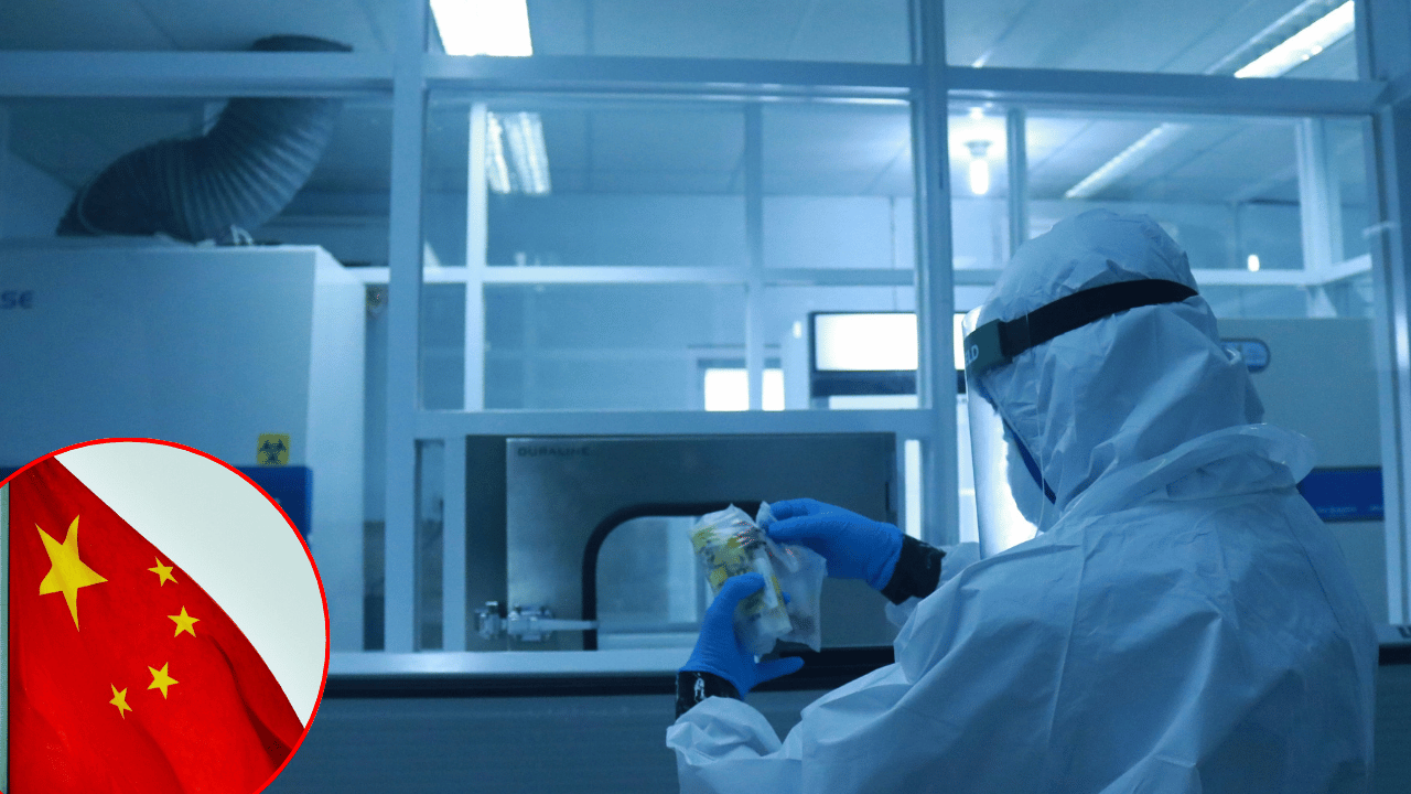 A photo of the Chinese flag alongside a photo of a lab researcher