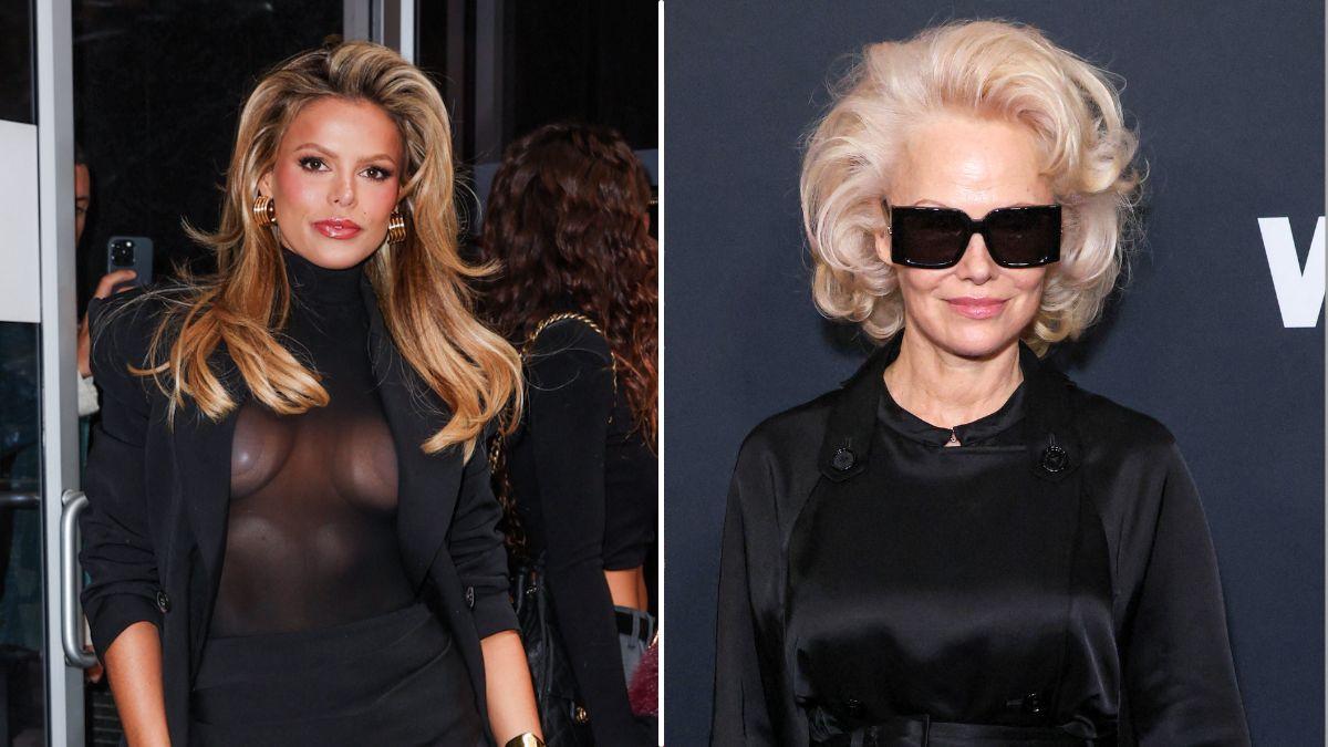 Split photo of Brooks Nader and Pamela Anderson