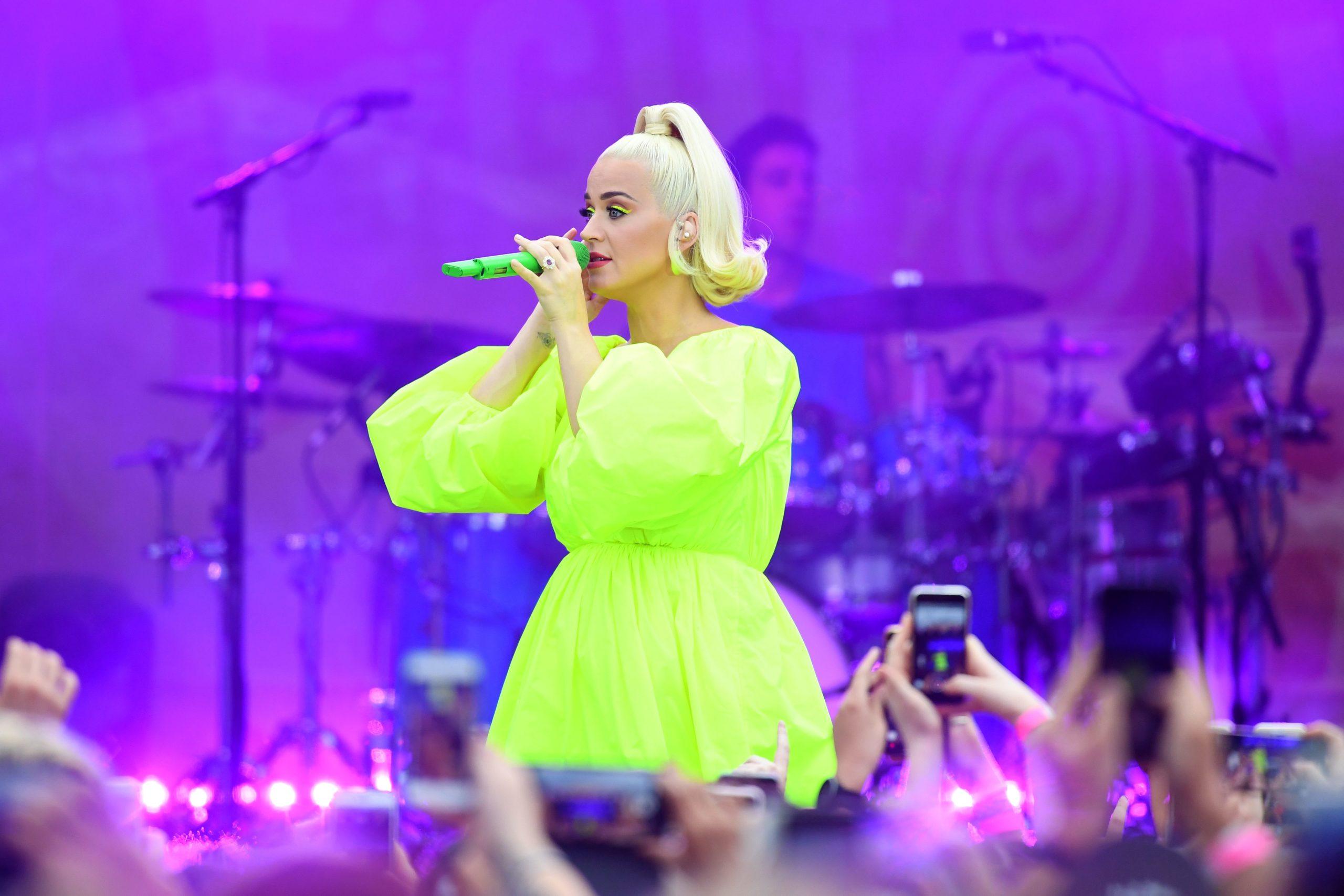 Katy Perry performs on stage during the 'FIGHT ON' concert for bushfire-affected communities at Pioneer Park Recreation Reserve in Bright, Victoria, Australia.