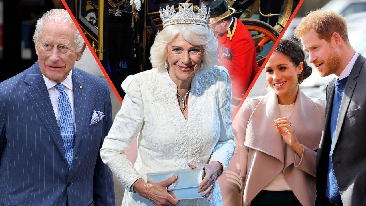 Split photos of King Charles, Queen Camilla, Meghan Markle and Prince Harry