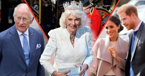 Split photos of King Charles, Queen Camilla, Meghan Markle and Prince Harry