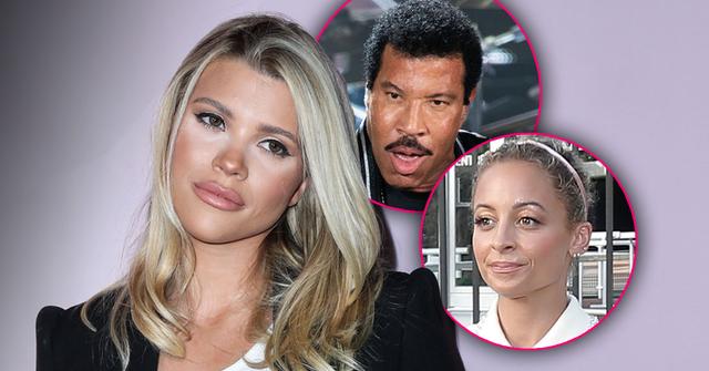 Sofia Richie looking right at inset photo of Lionel Richie looking sad, and Inset of Nicole Richie looking sad.