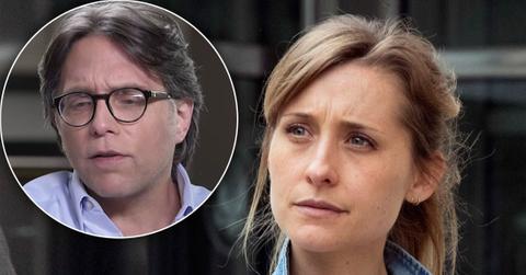 Allison Mack Looking Serious In Denim Jacket With Inset of Serious Keith Raneire in Purple Shirt